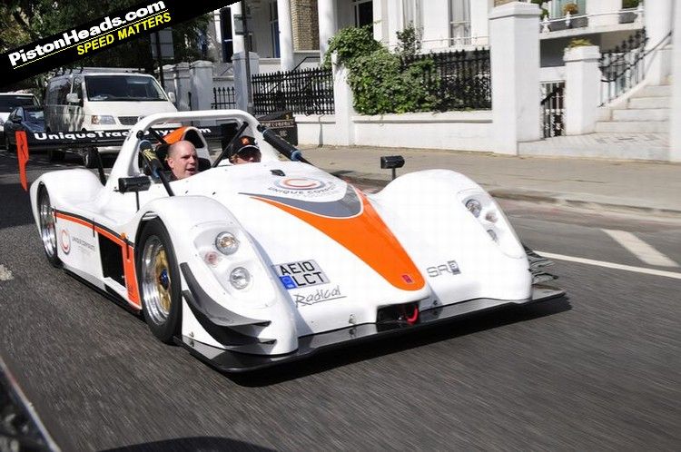 Embankment in midafternoon London traffic in a Radical SR3 track car