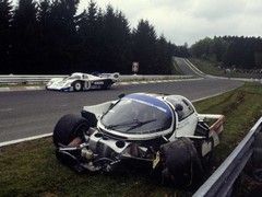 Bellof's wrecked 956 at the corner now with his name